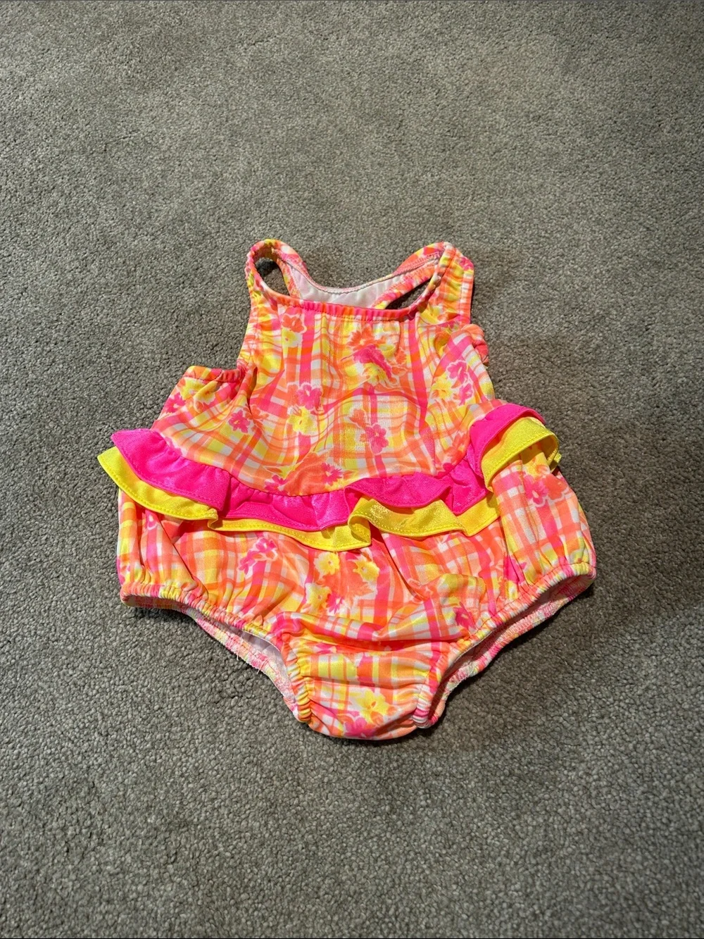Vintage Bright Pink & Yellow Baby Ruffle One-Piece Swimsuit